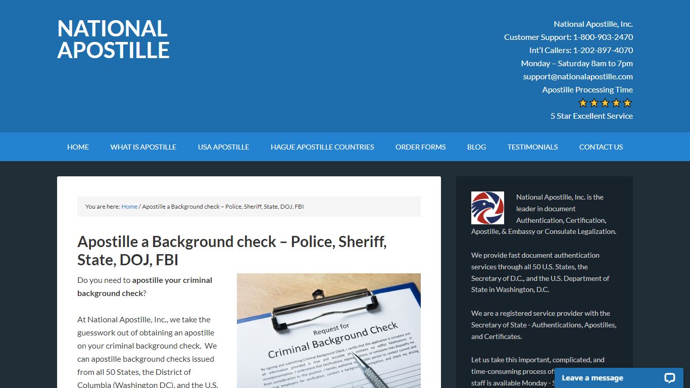 Apostille a Background check – Police, Sheriff, State, DOJ, FBI